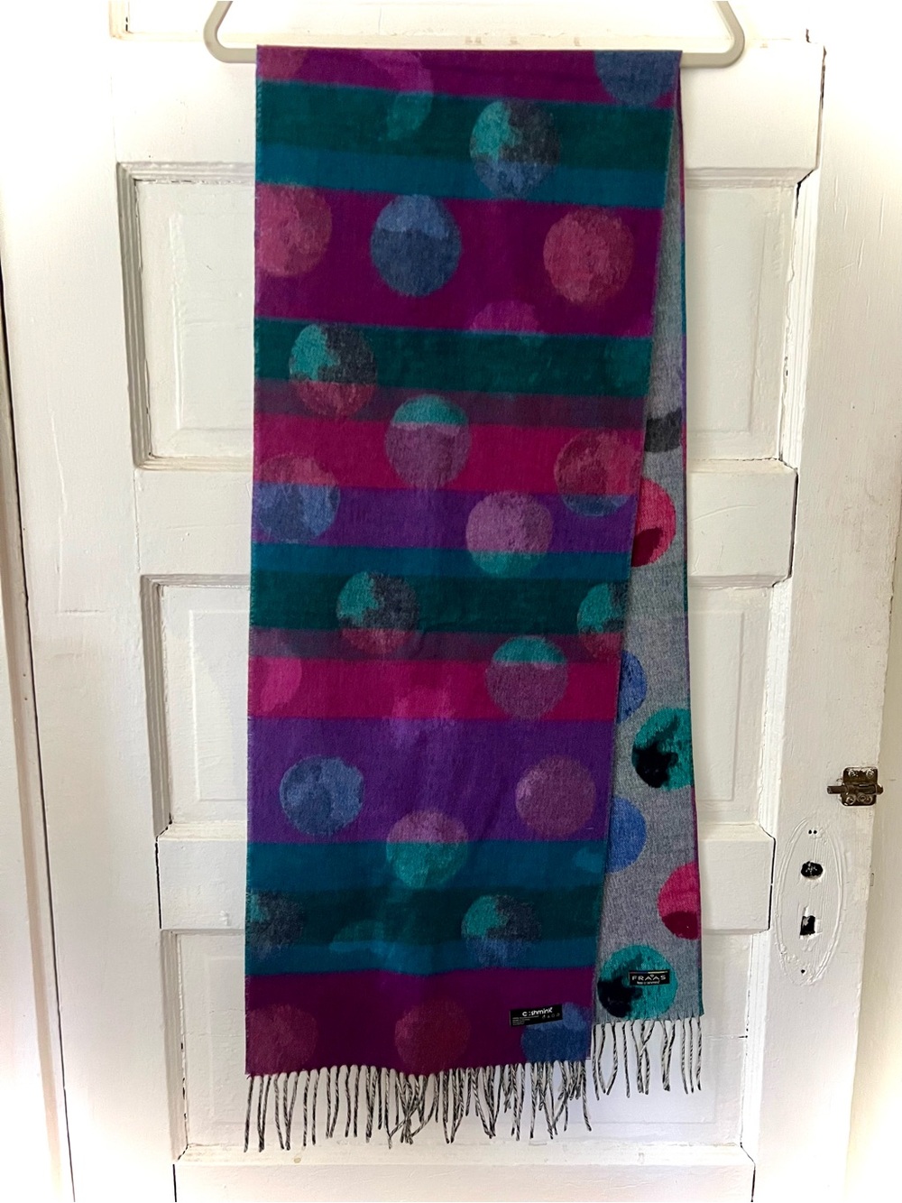 V. Fraas Cashmink Reversible Scarf in Blue Gray Purple Teal Polka Dot pattern